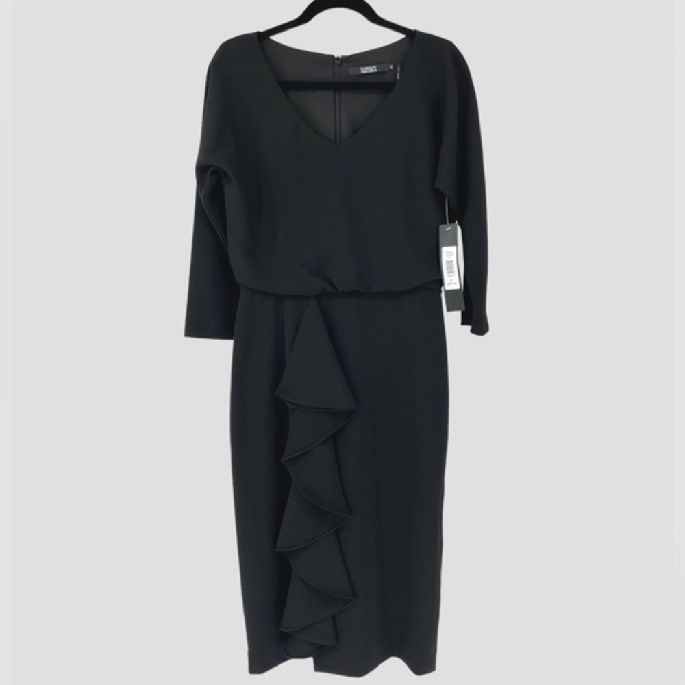 Badgley Mischka Black Dolman Sleeve Crepe Blouson Ruffle Knee Length Dress 6 New